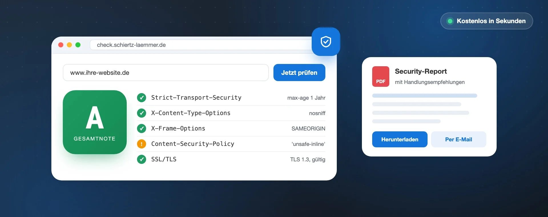 Security-Header-Check von Schiertz & Lämmer: Gesamtnote, geprüfte HTTP-Sicherheitsheader und PDF-Report