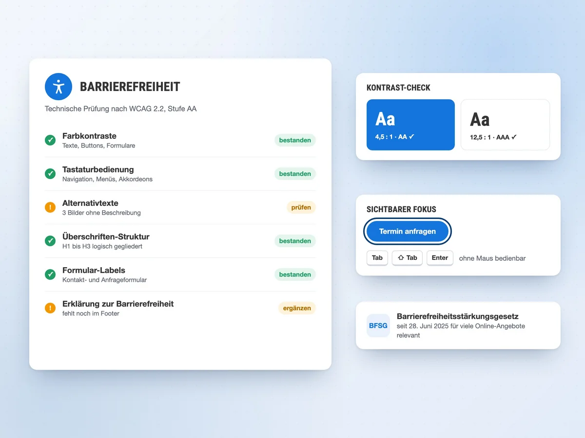 Prüfbericht zur Barrierefreiheit nach WCAG 2.2 mit Kontrast- und Fokus-Check