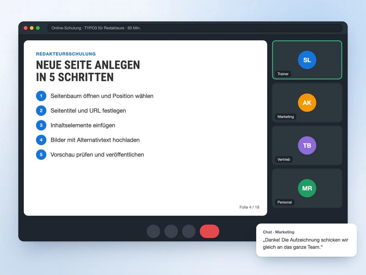 Online-Schulung „TYPO3 für Redakteure“ per Videokonferenz