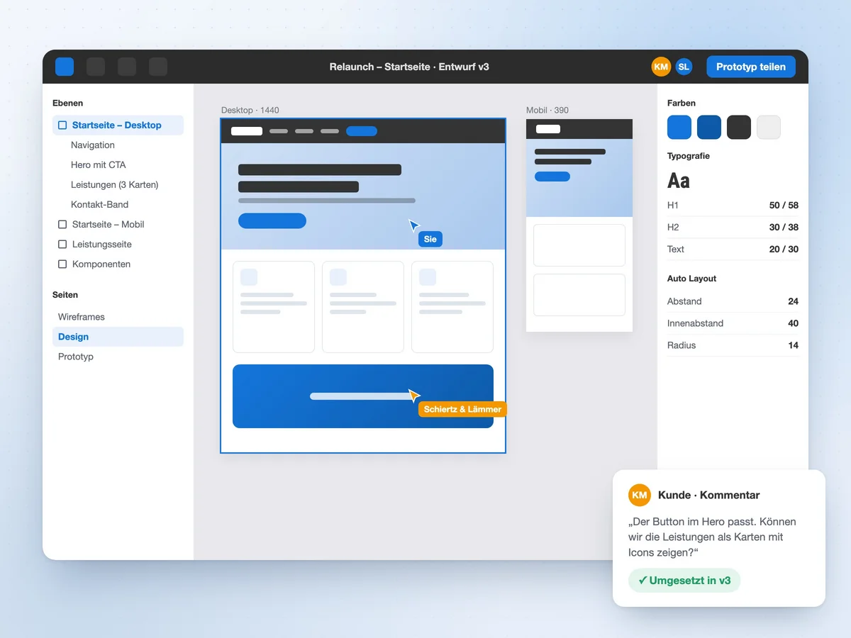 Webdesign in Figma: Entwurf einer Startseite für Desktop und Smartphone mit Kundenkommentar