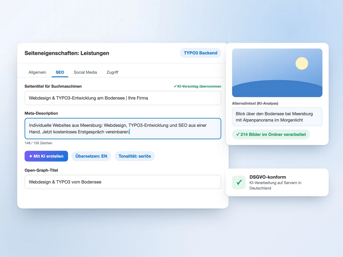 TYPO3-Seiteneigenschaften mit KI-generierter Meta-Description und Alternativtext