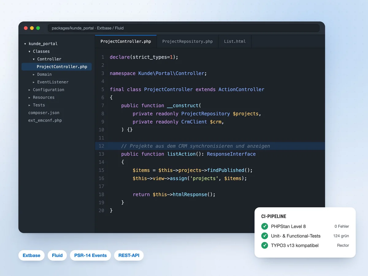 Code-Editor mit dem Extbase-Controller einer individuellen TYPO3-Extension